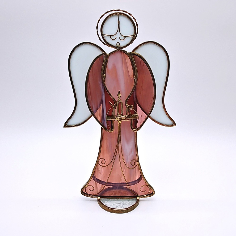 VTG Stained Glass Angel‎ 11" Tall Purple Metal Frame Suncatcher Figurine